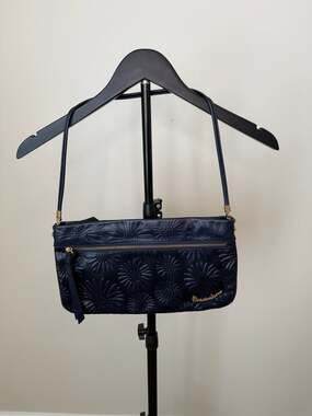 Braccialini Navy‎ Blue Floral Embossed Leather Shoulder Bag